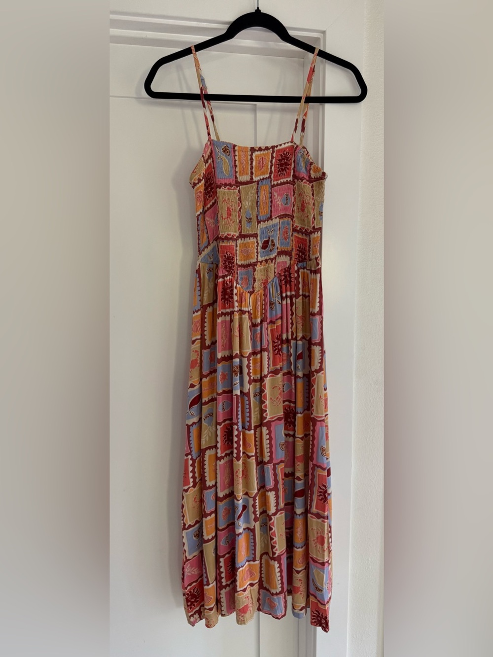 Patrons of Peace Smocked Seashell Print Boho Maxi Dress Size S